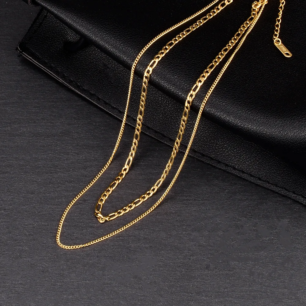 

18K Gold IP Plated Stainless Steel Thick Cuban Link Chain Chunky Necklace Miami Double Layered Figaro Chain Choker Necklace