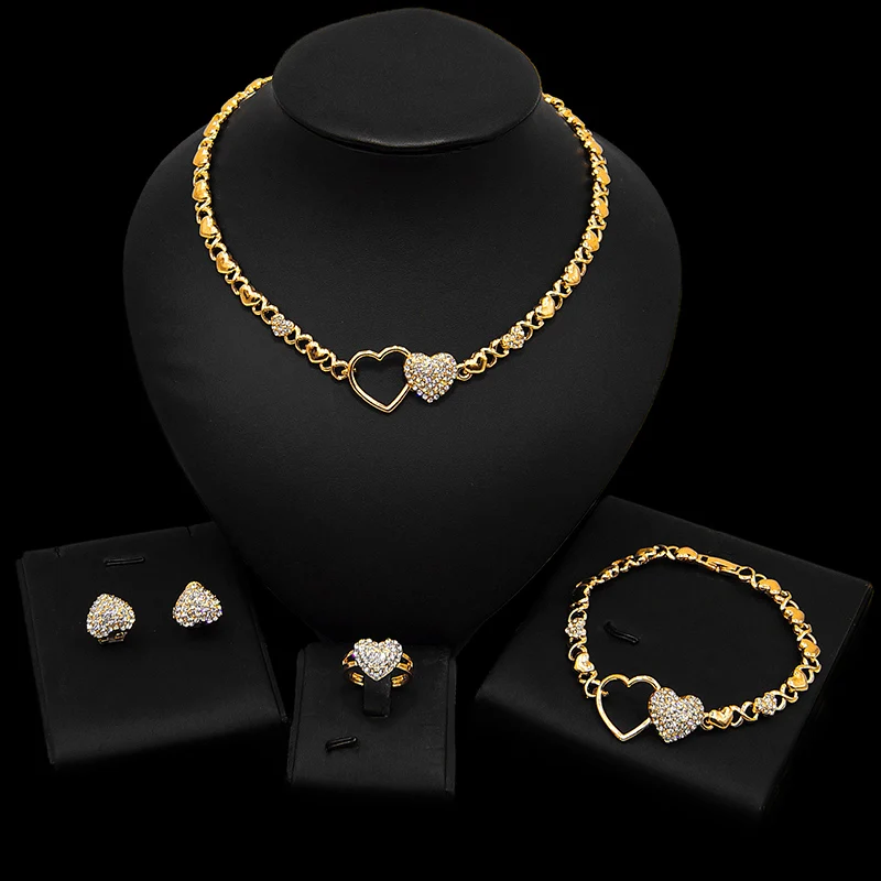 

Dubai 18K Gold New Double Love Heart Full of Diamond Hollow Design Small and Exquisite Necklace Bracelet Earrings Ring Jewelry S