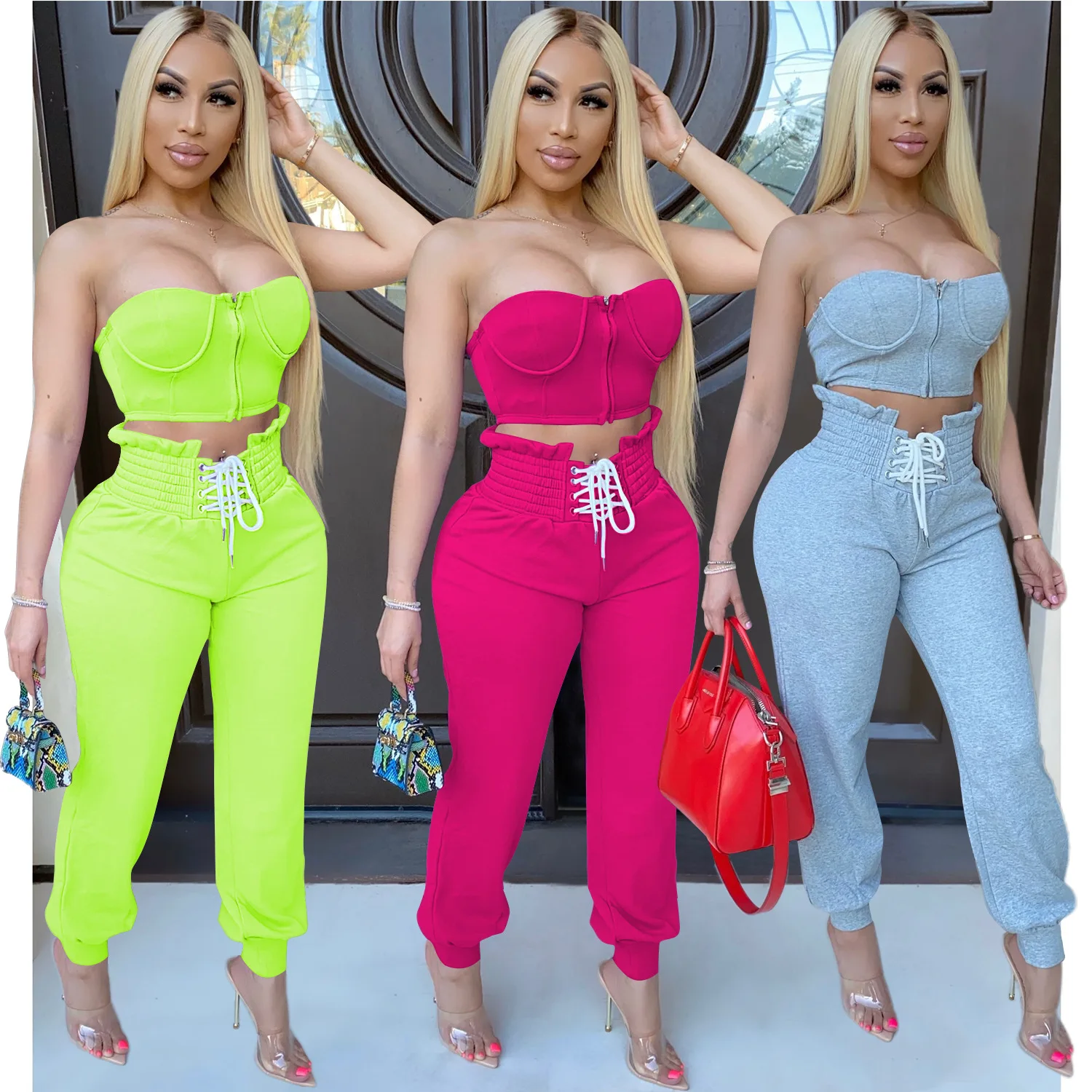 

Fashion European and American women's casual two-piece sport suit Sexy strapless slim top and trouser, Color as picture