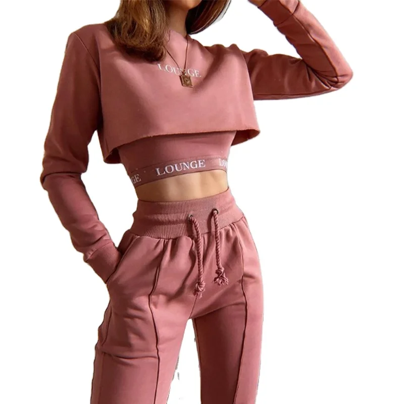 

Women Loungewear Sets Solid Color Yoga Fitness Trousers 3 Piece Lounge Women Crop Top Jogger Set 2021 Causal Two Piece Sets, Customized color