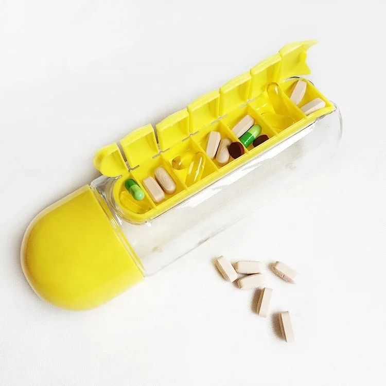 

Plastic sports water bottle medicine bottle box water cup 7 room outdoor portable water bottle for a week of medication, Black, pink, yellow, blue, orange