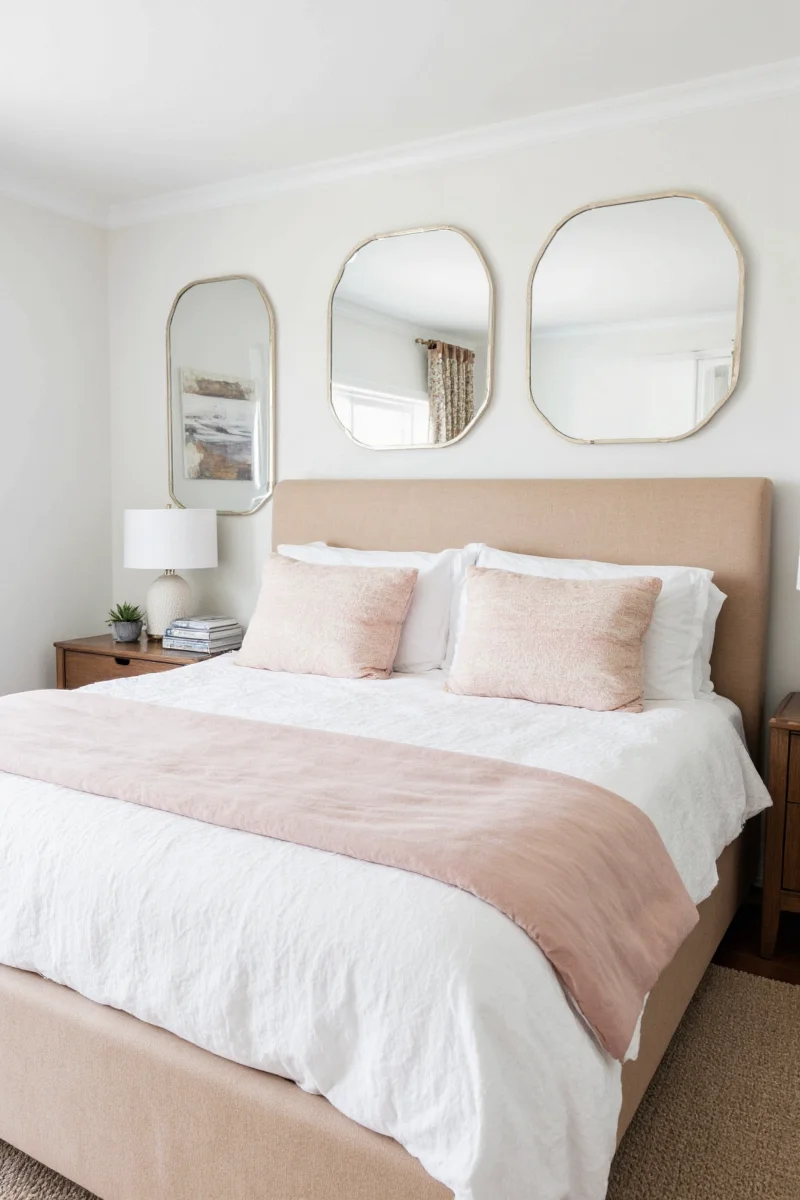 Cozy bedroom with mirror above bed