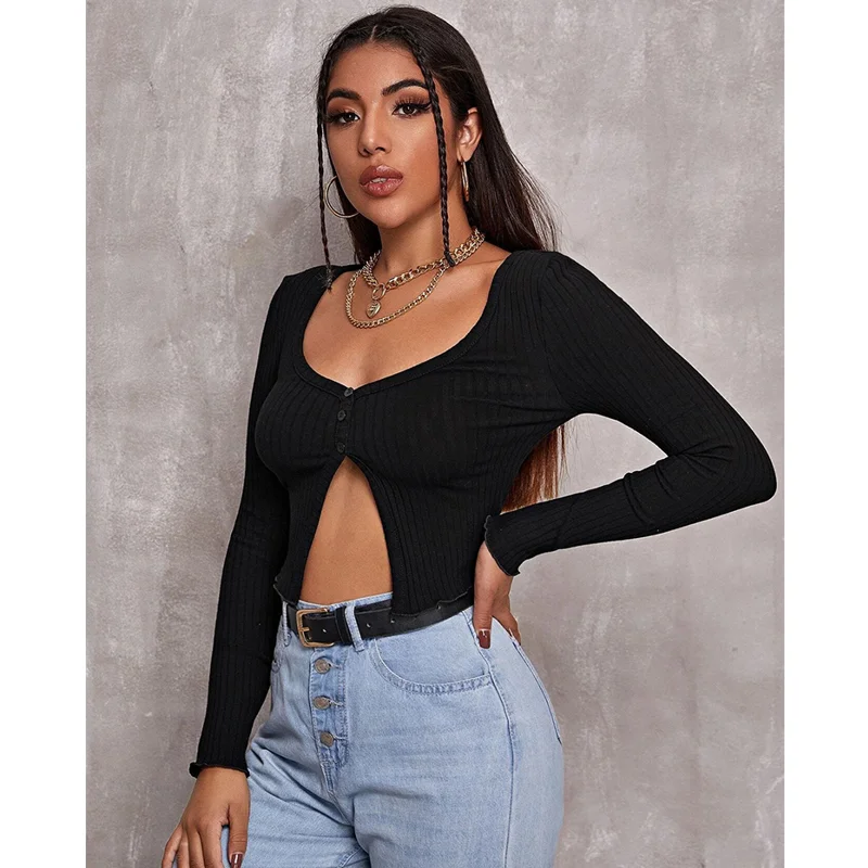 

Made in China Hot Sales Women Clothing Blouse Solid Long Sleeves Button Open Front Crop Top, Black/apricot/white