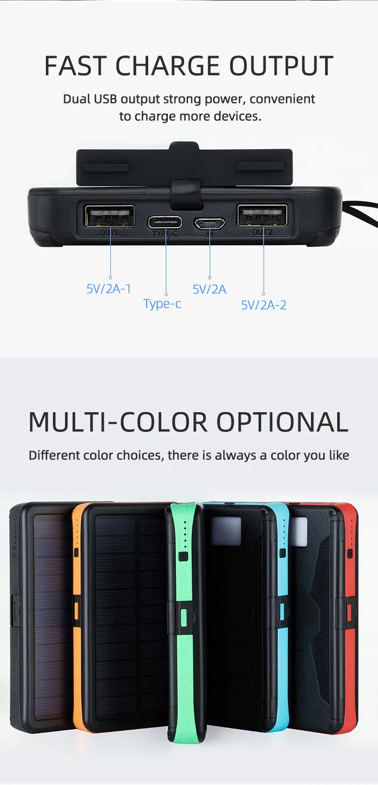 OEM Flashlight Solar Charger Portable QC3.0 PD Type C Fast 4 USB 10000mAh 20000mAh Power Bank for Outdoors Camping - ANKUX.COM