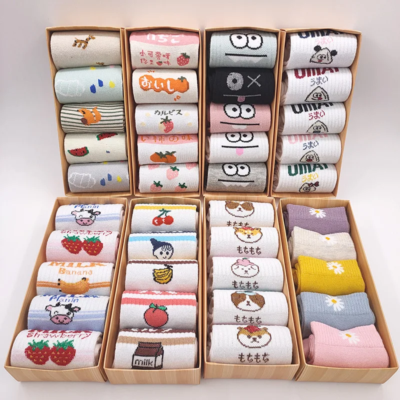 5 Pair Custom Box logo Size Cheap Price Ins Style Cute Fashion Comfortable Breathable Holiday Gift Crew Cotton Socks for Women
