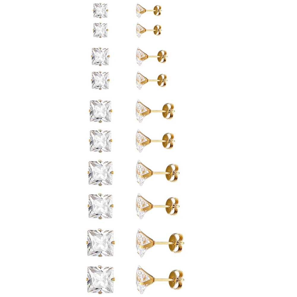 

Gold Plated Trendy Stainless Steel Earrings 2-8mm Square Flash Diamond Stud Earring for Girl