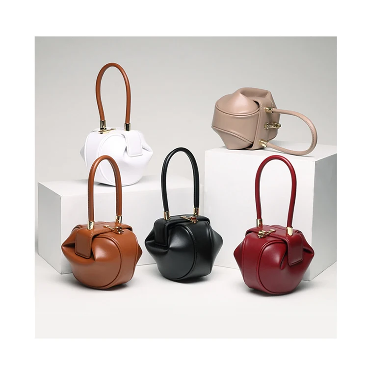 

New Top-handle Vintage Dumpling Tote Bags High Quality Genuine Leather Women Round Bucket Handbags Ladies Solid Color Hand Bags