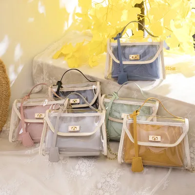

G057 fashion transparent jelly chain designer bag metal lock 2020 women leather bag, Pink,green,yellow,gray,black,blue
