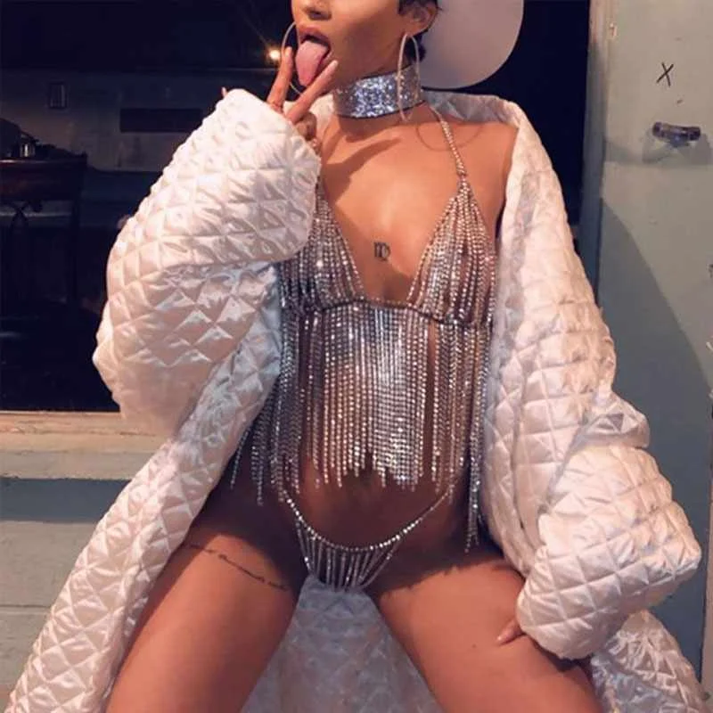 

Drop Shipping jewelry crystal sexy rhinestone lingerie body chain women underwear 2 piece erotic lingeries bra panties sets