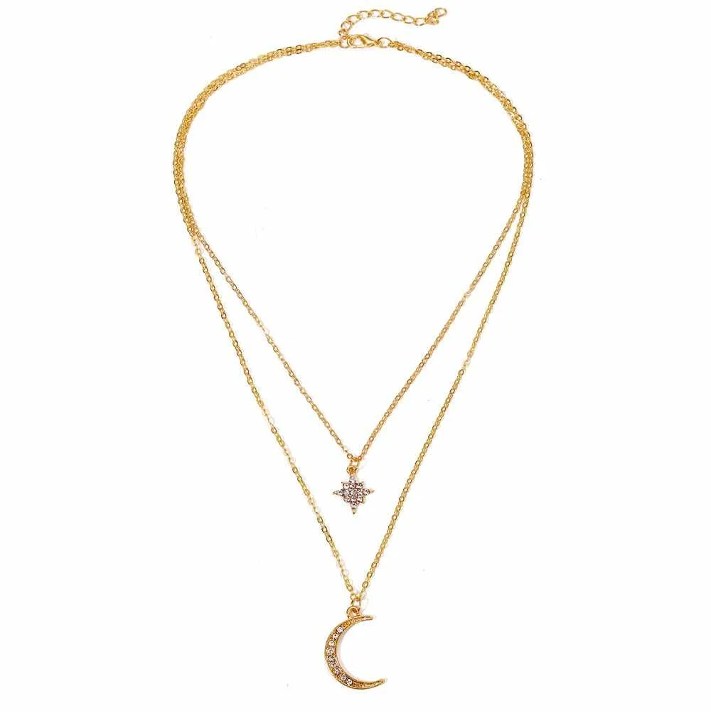 

Fashion Double Layer Gold Plated Rhinestone Necklace for Women with Moon and Star Crystal Pendants