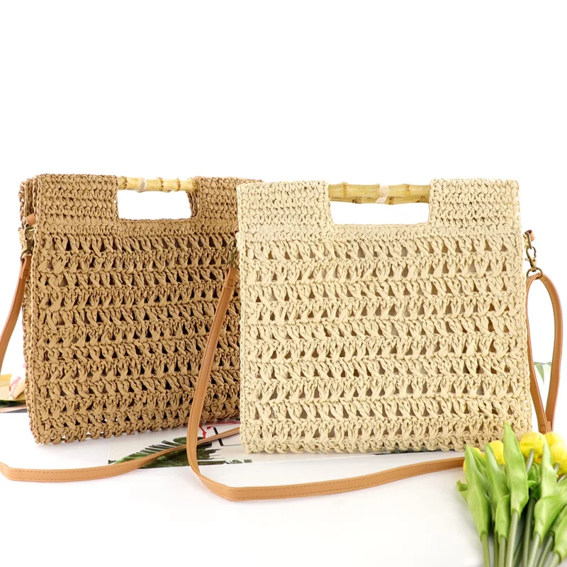 

2020 new arrivals summer beach weaving handbags straw shoulder bag with bamboo handle, Natural