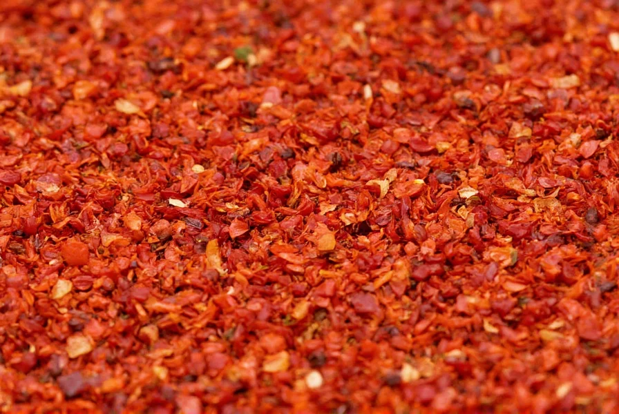Close-up of red pepper flakes showing different colored flakes from various chili pepper varieties