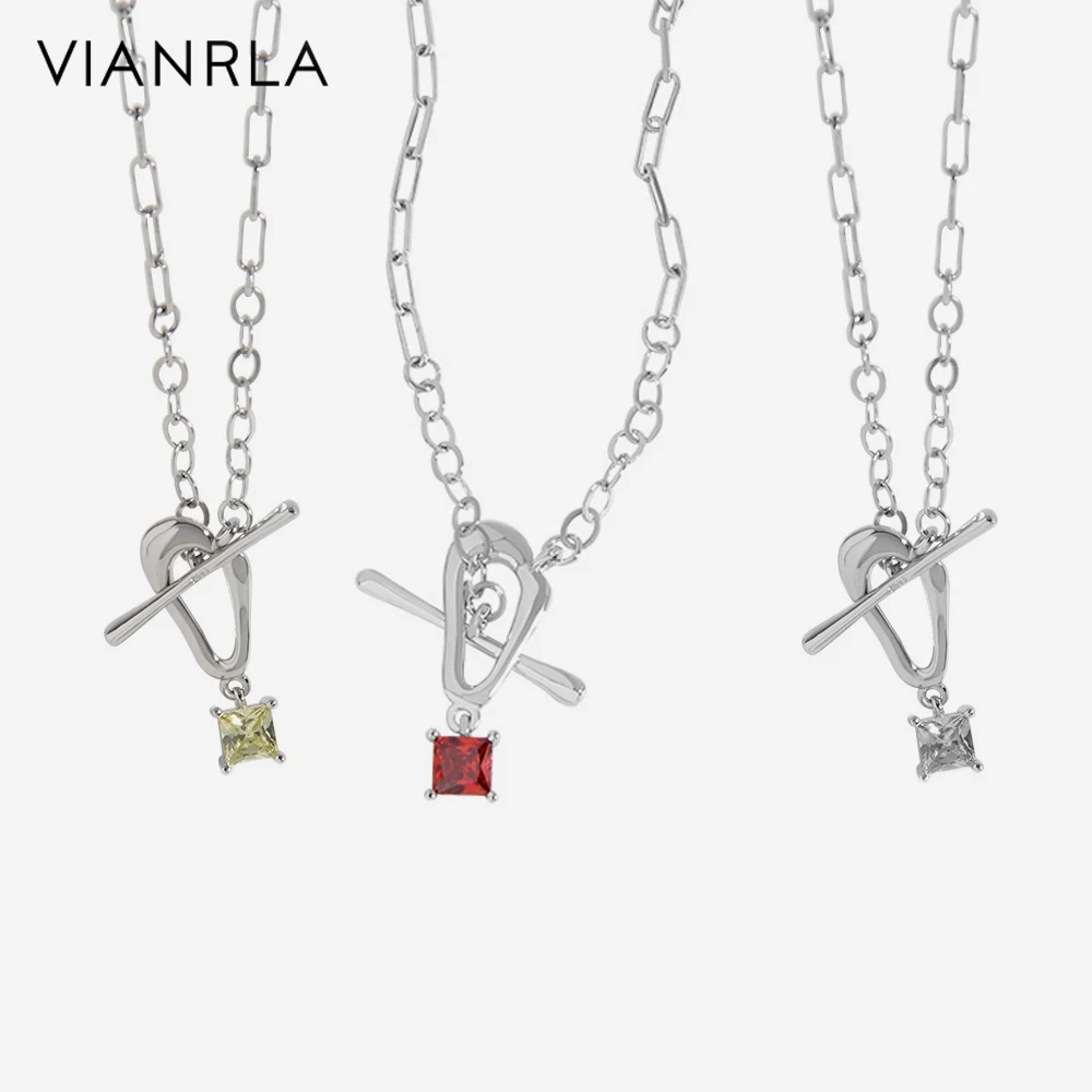 

VIANRLA Jewelry Necklace Zircon Stone Pendant 925 Sterling Silver Paper Clip Chain Dainty Jewelry