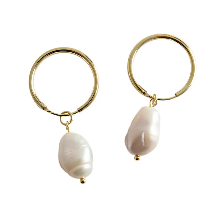 

Women Elegant 925 Sterling Silver Round Huggie Earring Baroque Freshwater Pearl Drop Earring