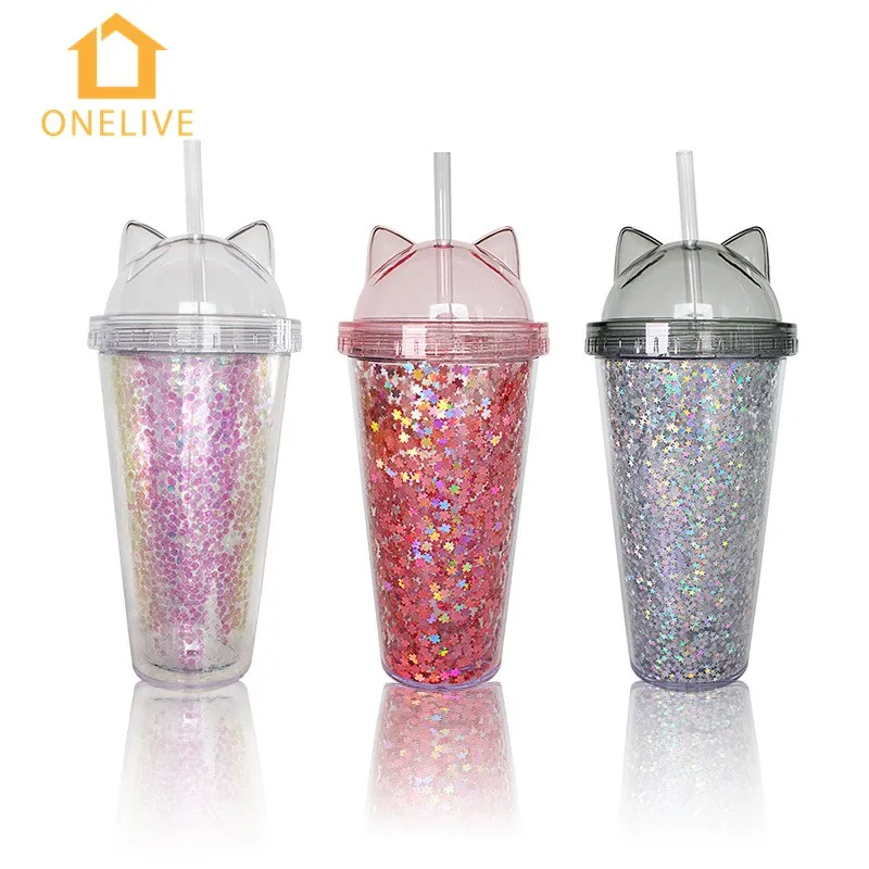 

Hot selling fashion three-color sparkling cat ear cup tumbler with straw cup with straw