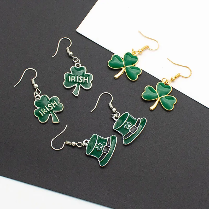 

New Irish Festival Alloy Oil Dripping Green Earrings Cross Border Amazon Hat Cover Accessories Ear Hook