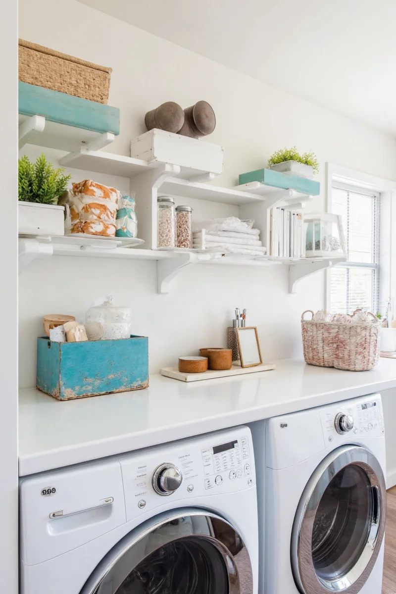 Smart shelving unit above washer and dryer