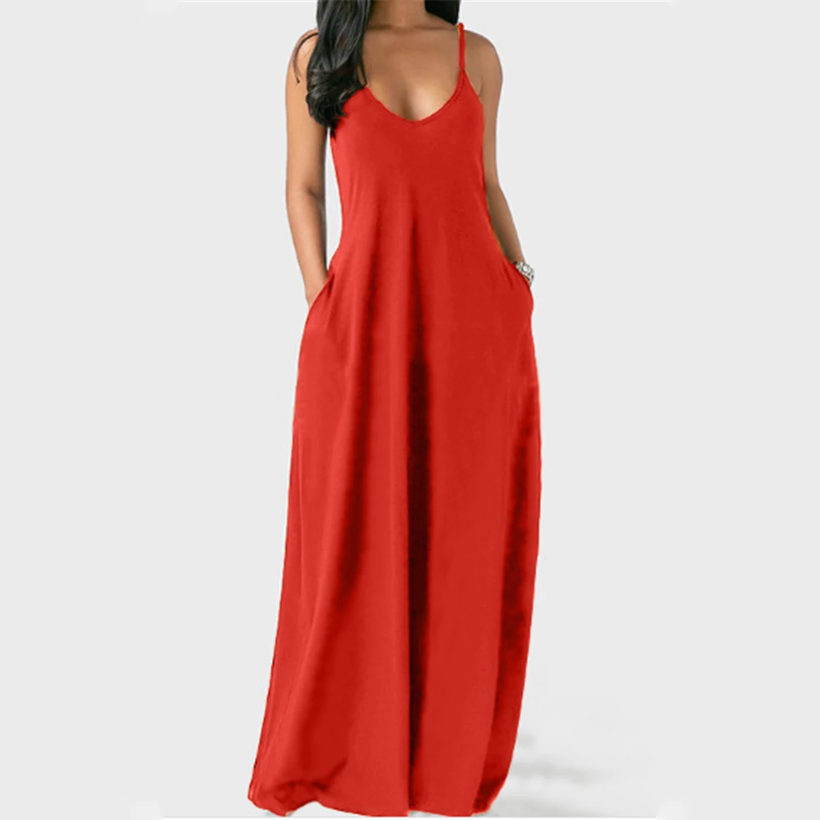 

2021 Summer V Neck Suspender Strap Loose Pockets Solid Color Long Women Plus Size Dress & Skirts Plus Size Dress