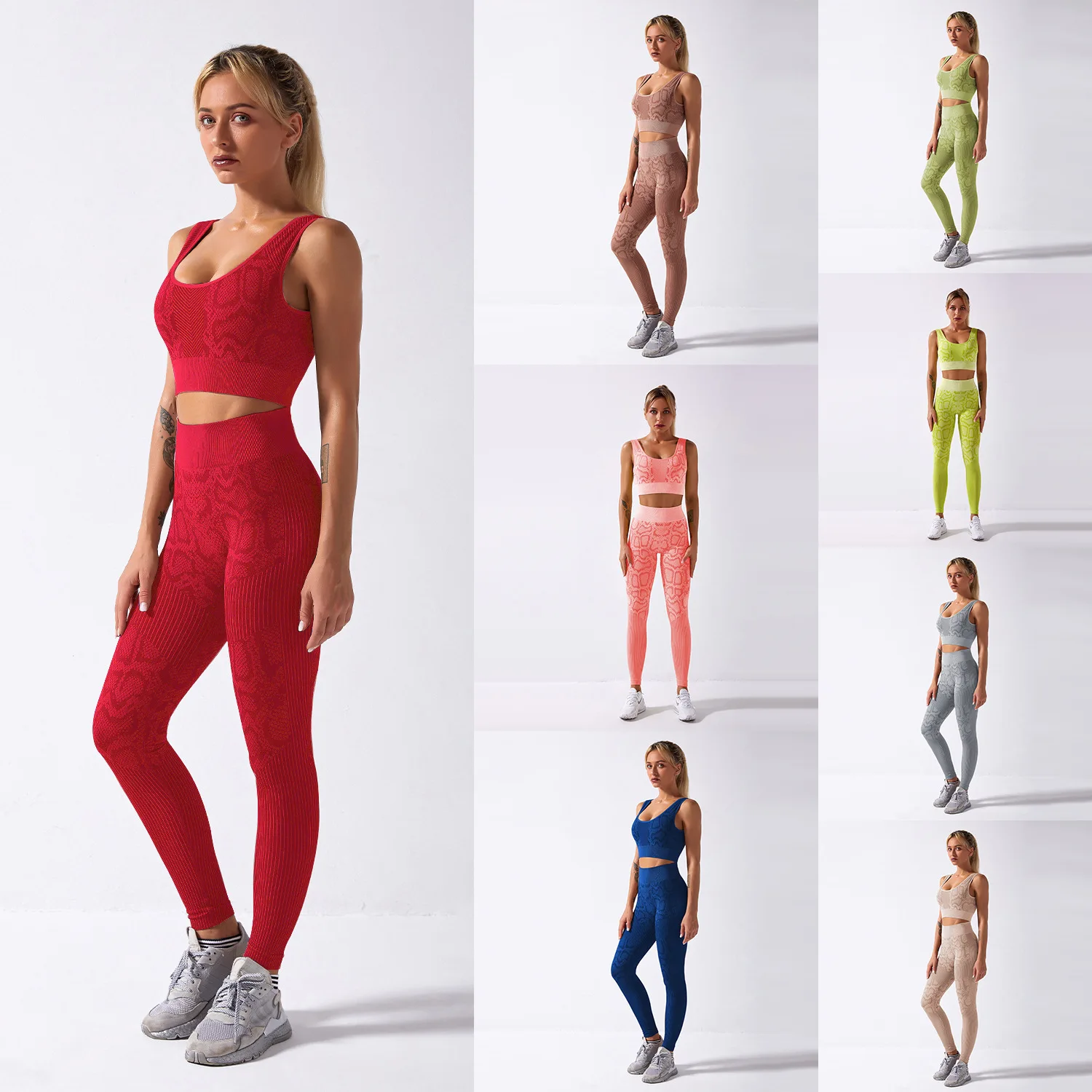 

Multi-color Private Label Logo Gym 2 Piece Set Squat Proof Seamless Active wear Set Snake Skin Print Yoga Fitness Set Women, As picture