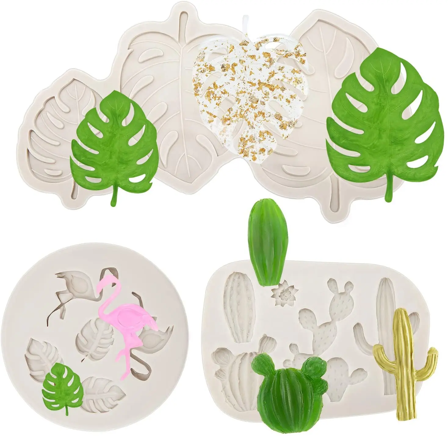 

Flamingo Tropical Leaf Cactus Molds Silicone Fondant Molds Hawaiian Cake Molds Set for Making Chocolate