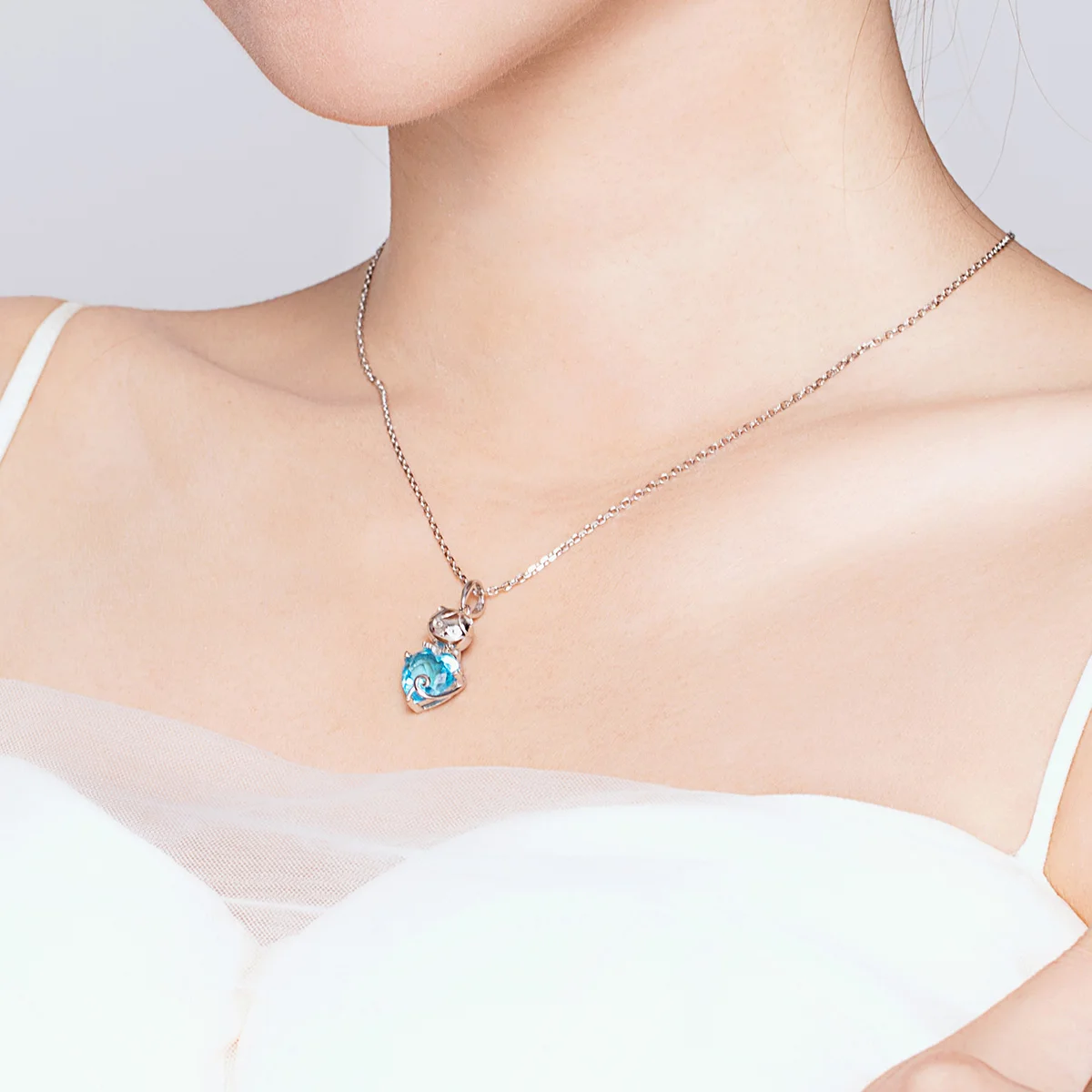 

925 Sterling Silver Blue Kitty Pendant Cubic Zirconia Chain Necklace Custom