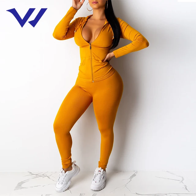 

blank track suit wholesale two piece women fall clothes cotton tracksuit jogger set, Solid color