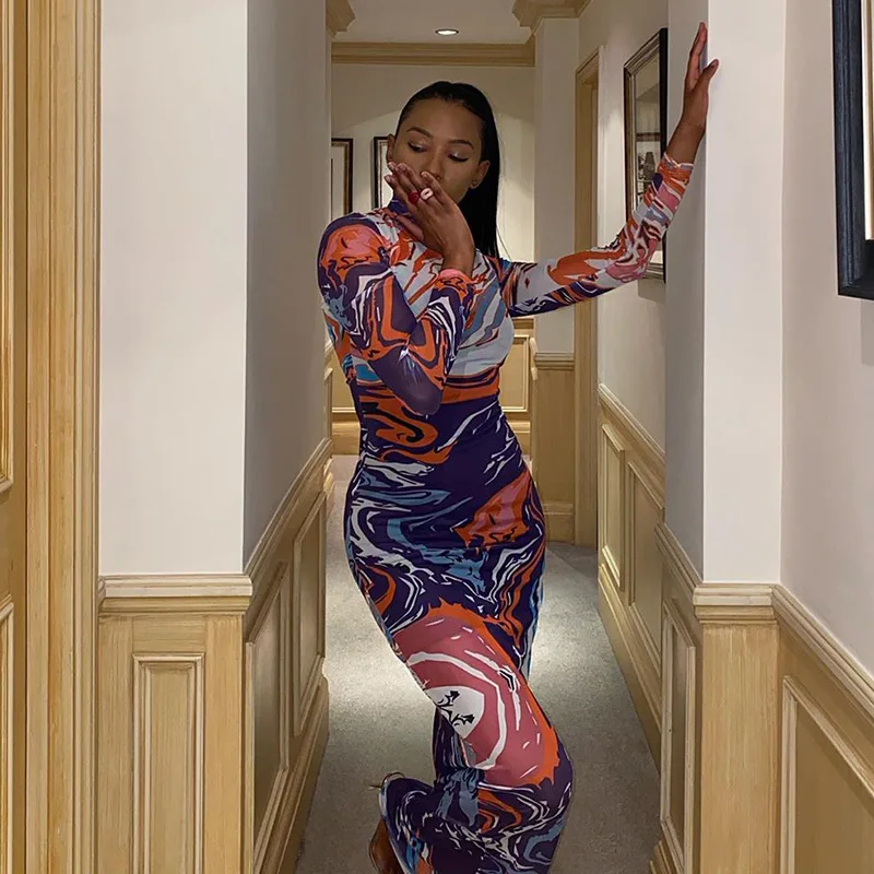 

2020 Fashion Tie Dye Dress Women Long Sleeve Turtleneck Bodycon Midi Dresses Sexy Female Street Clubwear Outfit