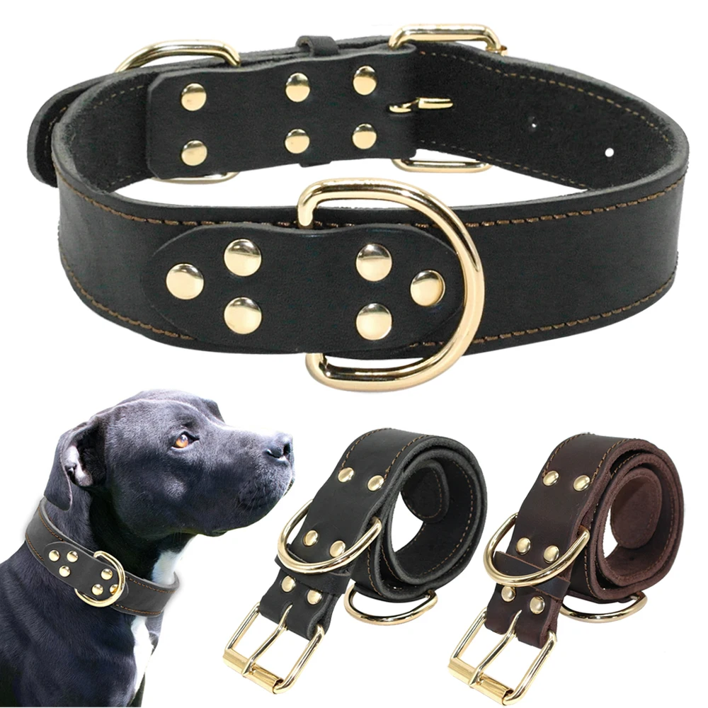 

New Genuine Real Leather Canine Working Dog Pet Collar Brass Heavy Duty Center D-Ring For M L Dogs, Black/brown