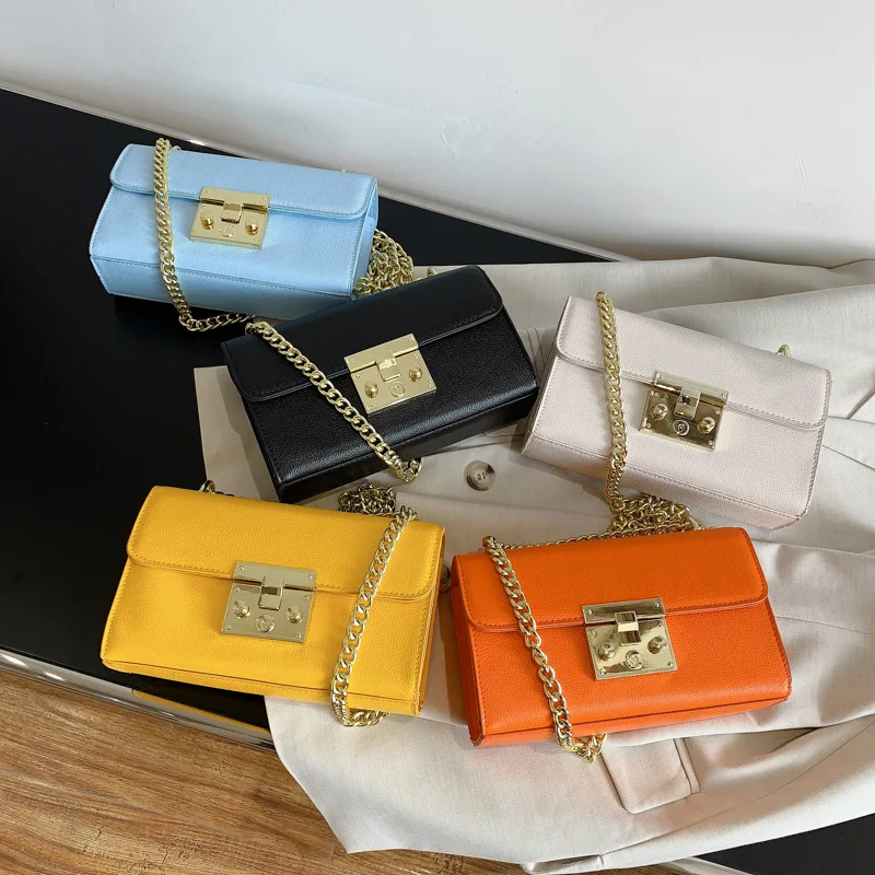 

Simple Trendy Korean Lock One Shoulder Chains Fashion Girls Square Bags Crossbody