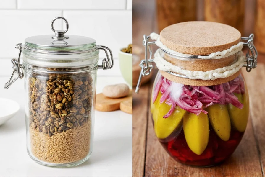 Spice jars and pickles displayed together