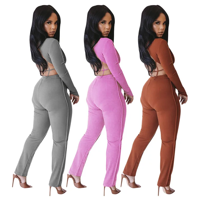 

Women Solid color Top And Pants Outfits Fashion Two Piece Set Autumn hollowed out sports jogger casual suit