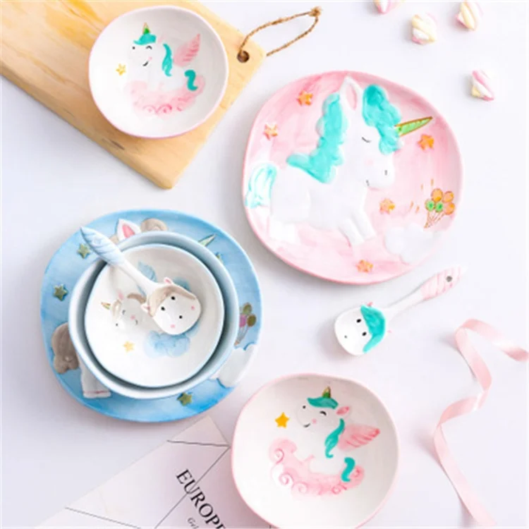 

New Product 4 Pcs Unicorn Shape Child Dinnerware Set, Pink,blue