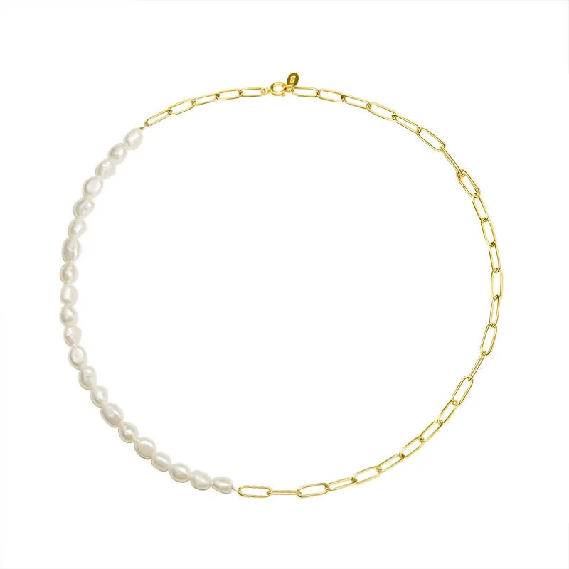 

Ins Minimalist 18K Gold Plated Titanium Steel Choker Freshwater Pearl Link Chain Necklace For Women