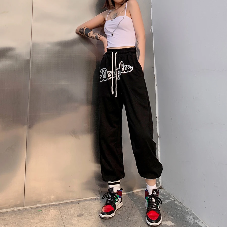 

Nibber K20P11140 2021 Spring Summer Pants Women Casual Street Wear Letter Printed Female Loose Trousers Factory Wholesale Custom, Black