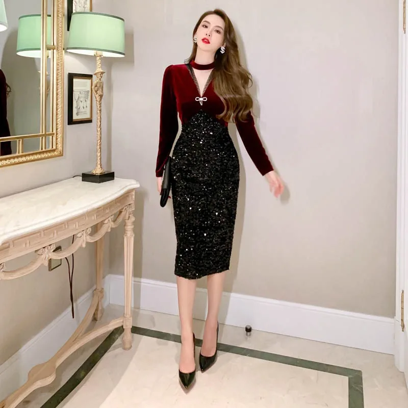 

2023Autumn And Winter New Women'S Velvet Retro Elegant Temperament Bar Sexy Patchwork Velvet Sequined Christmas Club Dress