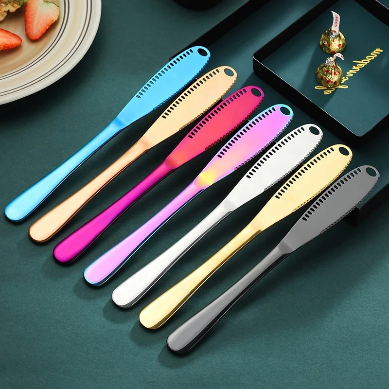 

Hot Selling 430 stainless steel cheese peanut butter spreaders heated 3 in 1 gold fly butter knife set