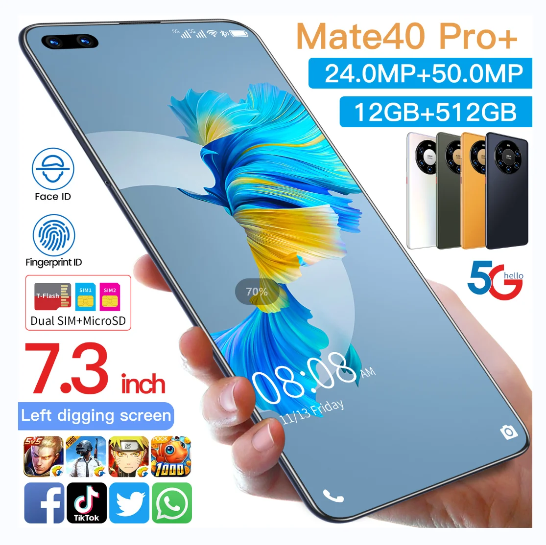 

Hot Selling Mate 40 Pro+ original 12gb+512gb 24MP+50MP face unlock full Display Android 10.0 Cell Phone Smart Mobile Phone, Black white yellow green