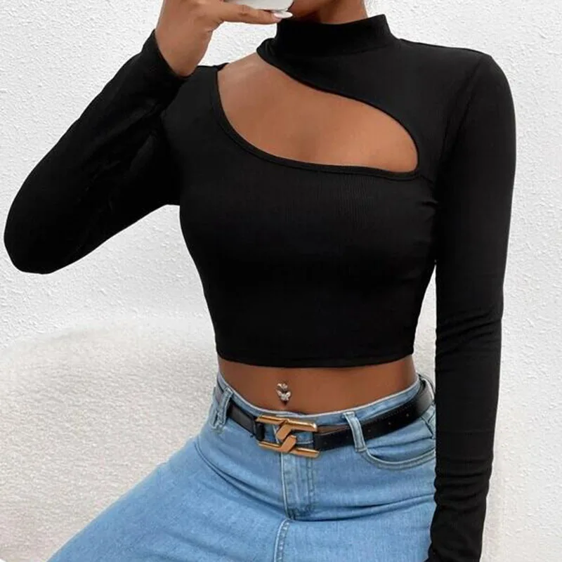 

Sexy Cut out Small Turtleneck Cropped Knit Top Plain T-Shirt Long Sleeve T Shirt For Women