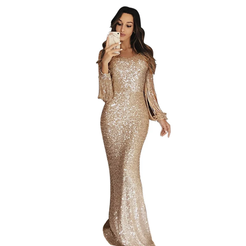 

2019 ladies dinner dresses apricot fringe long sleeve tassel party woman maxi sequin evening dress, 5 colors, as shown