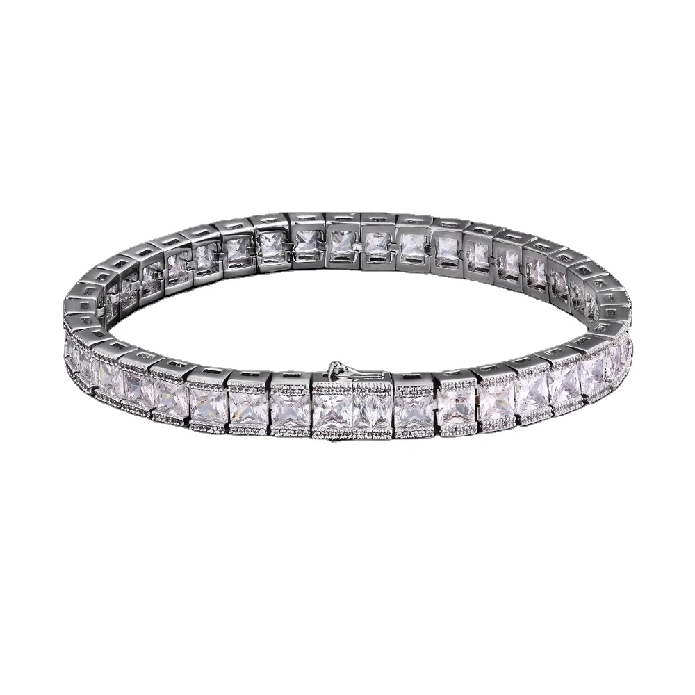 

Dropshipping Jewelry Gold Men's Diamond Tennis Bracelet Princess Cut Baguette Square CZ Stones Silver Tennis Chain Bracelet