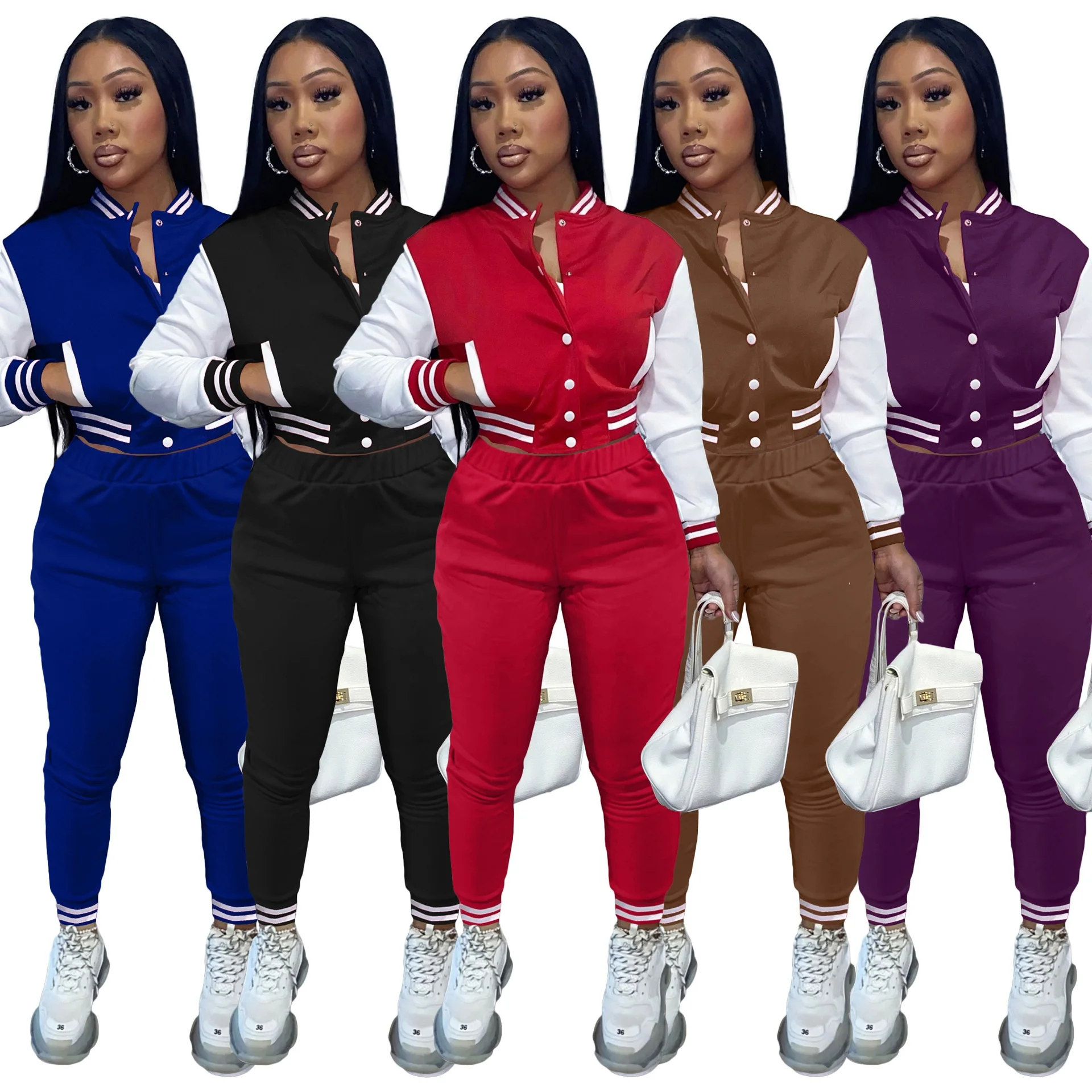 

Trendy Long-Sleeve Matching Tracksuit Jogger Sets Womans 2 Piece Cropped Baseball Jacket For Ladies, Picture color