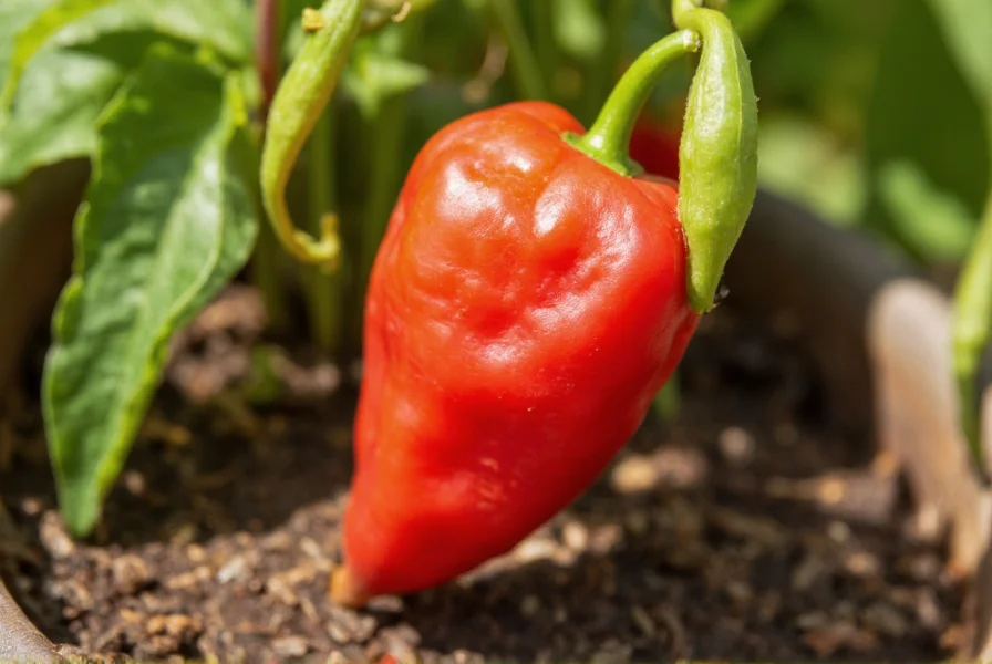 Close-up photograph of red mad pepper growing on plant with soil, sunlight, showing distinctive wrinkled texture and tapered shape