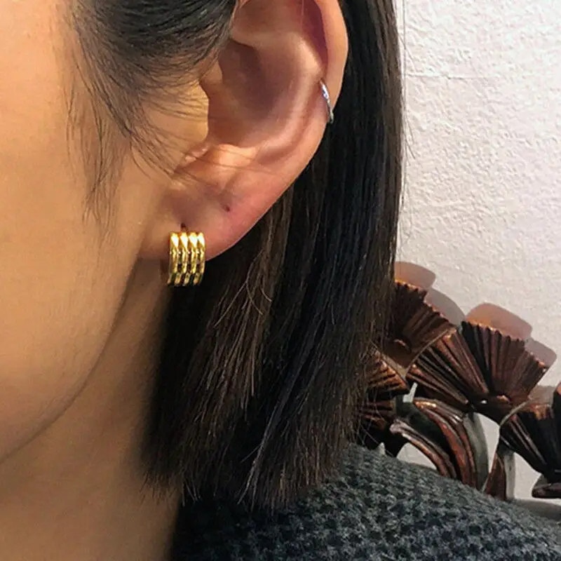 

Fashion Brass 18K Gold Plated Stripe Small Hoop Huggies Earrings Jewelry Women