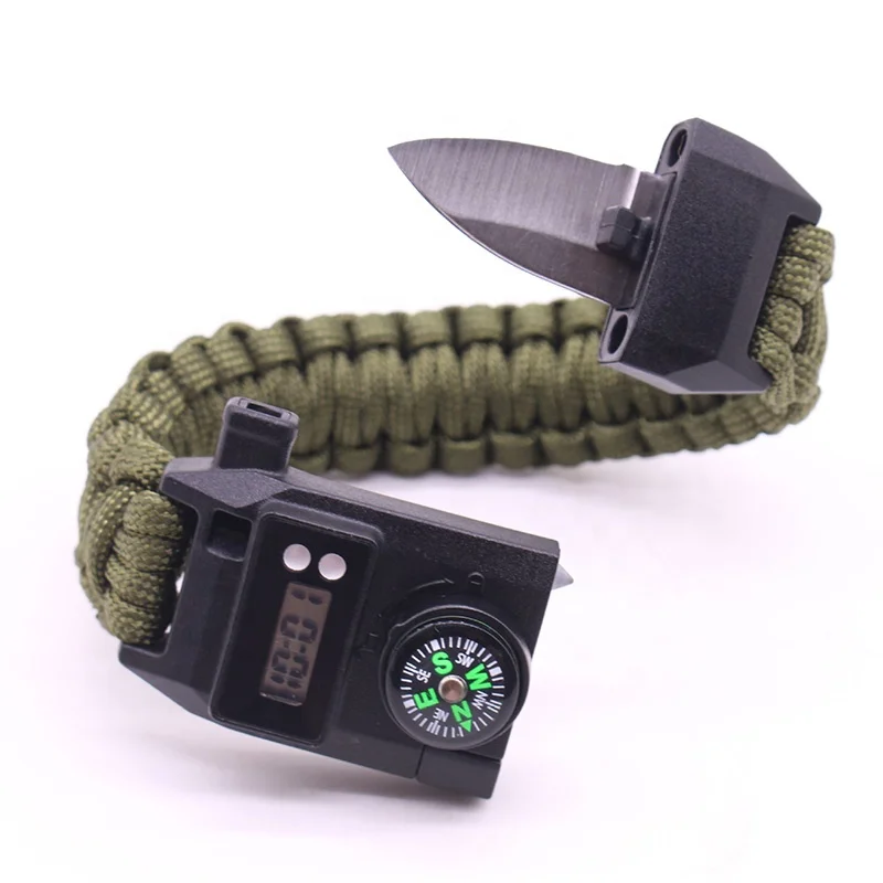

7 in 1 Outdoor Emergency Survival Gear Kit Camping Paracord Bracelets with watch Embedded Fire Starter Knife Whistle, 20+ colors available