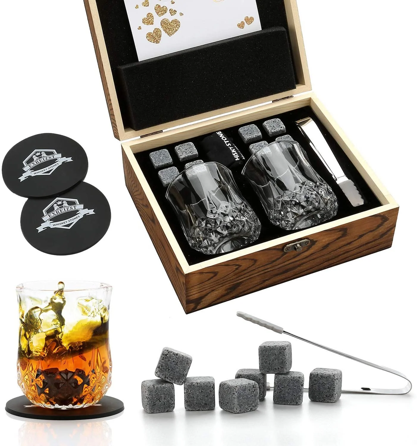 

Most Popular Whiskey Stones and Whiskey Glass Gift Box Set For Men Bar Accessories Granite Chilling Whisky Rocks With Coaster