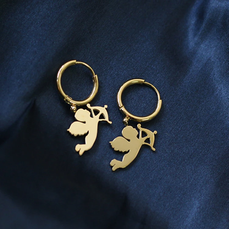 

18K Gold Plating Hoop Charm Earrings Titanium Steel Cupid Cute Little Angel Earrings, Picture