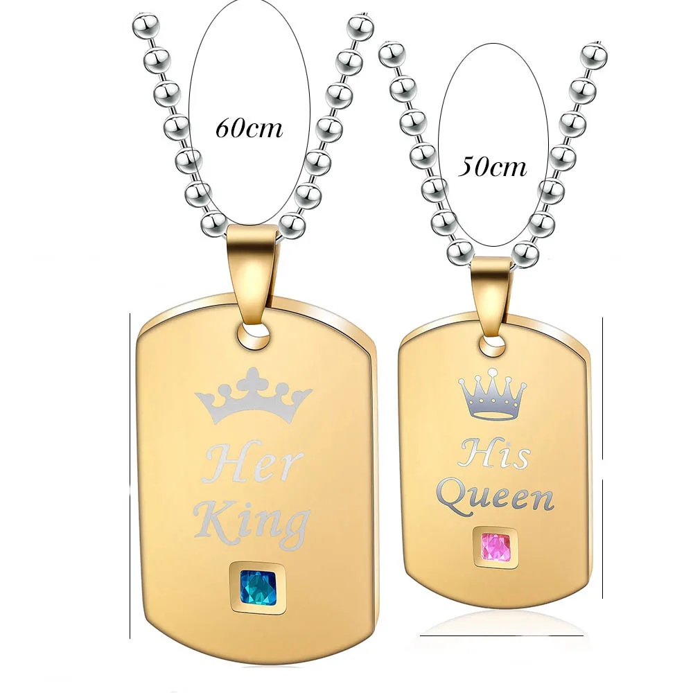 

2021 Valentine's Day Gold Plated Stainless Steel Tags Couple Necklace Her King His Queen Pendant Necklace for Lovers, As pictures