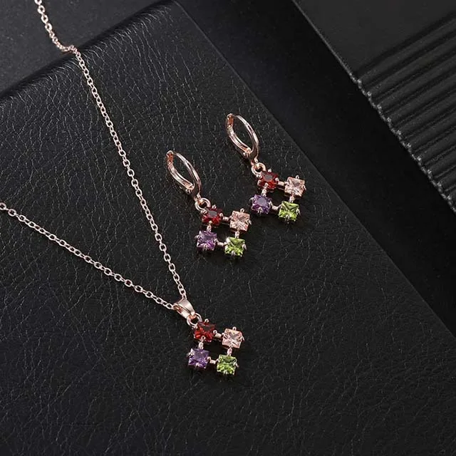 

High Quality Wedding Colorfull Rhinestones Gold Filled Jewelry Set, Rose gold