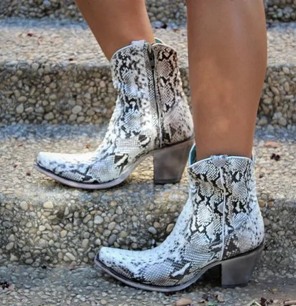 

New Fashion Women Western Cowboy Ankle Boots Female Snake Skin Mid Heels Shoes Ladies Pointed Toe Shoes, As pic shown