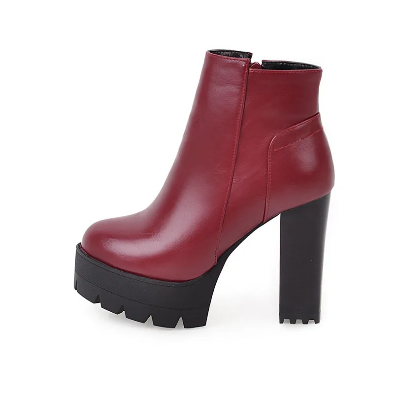 

Europe Stylish Round Toe High Heel Solid color Platform Waterproof Ankle Boots, Black/white/red